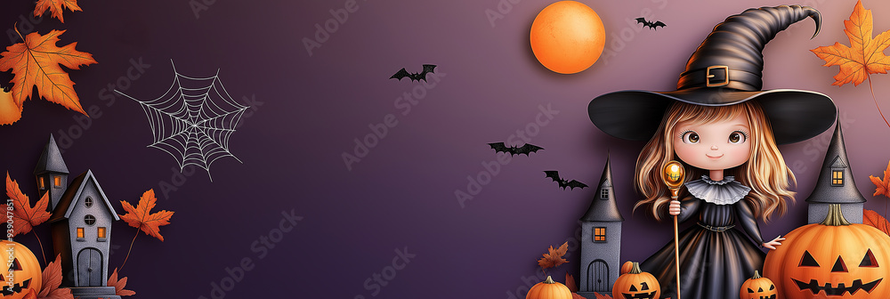 Wall mural Banner of Halloween Festival : Cute witch ,witch hat,witch's wand,witch castle, orange moon ,maple leaf ,spider web , grave with copy space on gradient pink and purple background.	