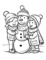 Fototapeta premium A Family Building a Snowman Together. Christmas Snowman Coloring Page