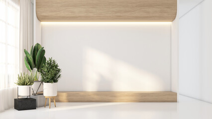 Morning light and indoor garden in a modern Japanese-style living room with wood built-in TV cabinet. white wall and White polished concrete floor. 3d rendering