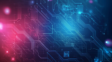 Obraz premium Close-up of a futuristic circuit board in shades of blue and pink, representing advanced technology, innovation, and digital connectivity.