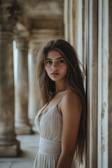 Fototapeta premium A young woman in a flowing white dress stands gracefully among ancient stone pillars, exuding timeless beauty and mystery. The image evokes a sense of history and classical elegance.