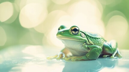 Obraz premium A green frog sitting serenely on a bright surface, surrounded by soft, diffused light. A peaceful and minimalist image perfect for stock
