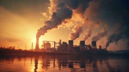Industrial brown coal power plant chimney smokestack emission. Neural network ai generated art