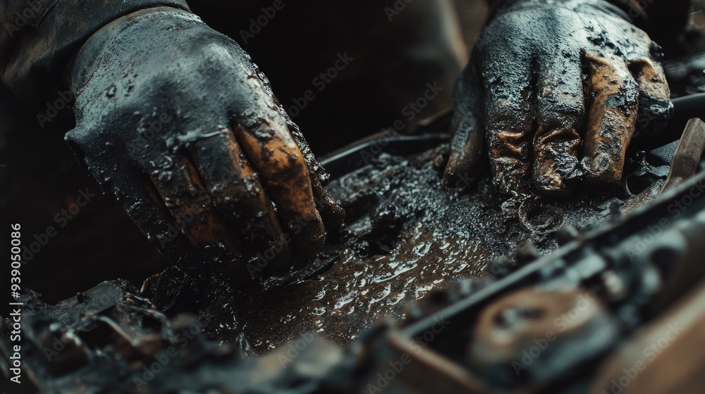 Poster close-up of a mechanic working on an engine, covered in grease.