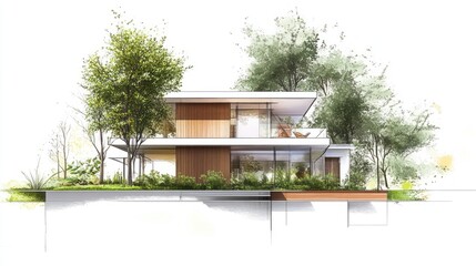A modern architectural sketch showcasing a house design with green trees and plants,