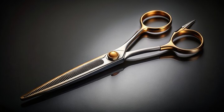 Golden light reflected modern stainless steel hair scissors isolated on misty dark grey background with subtle shadows, emphasizing precision and elegance