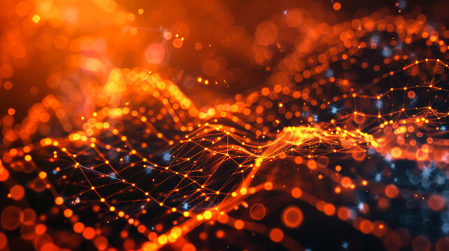 Bright orange wave with many dots. The dots are scattered throughout wave, giving it a very busy and chaotic look. The orange color of the wave creates a warm and energetic mood. Abstract background.