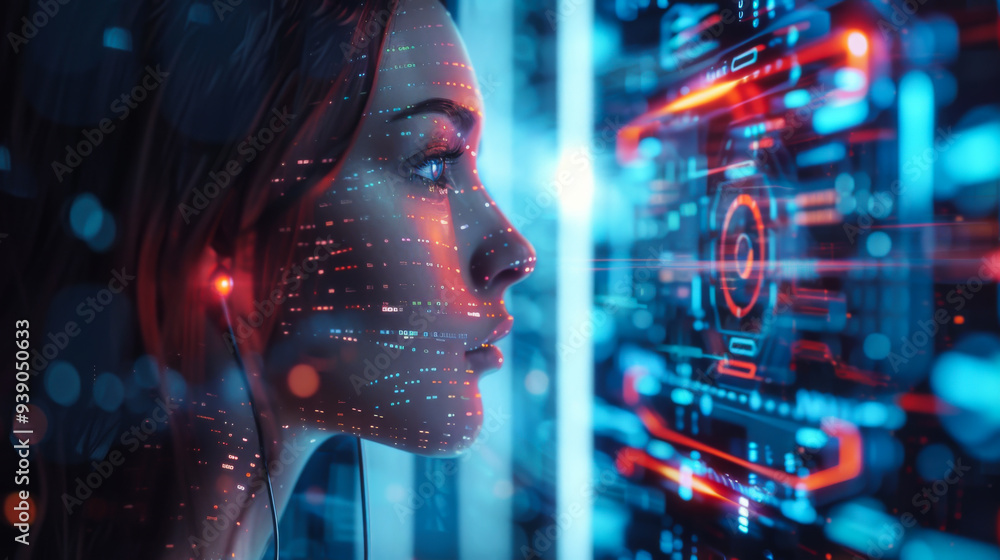 Poster a woman looks at a computer screen with a face on it. the face is made up of many small dots, giving