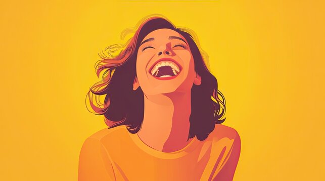 A playful flat vector illustration of a woman laughing out loud, her expression joyful and her pose animated,