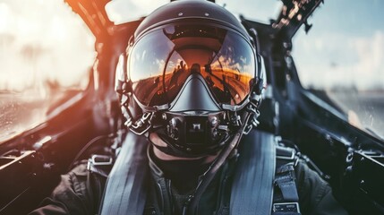 Fototapeta premium Close-up of a pilot in the cockpit, focused and ready for takeoff.