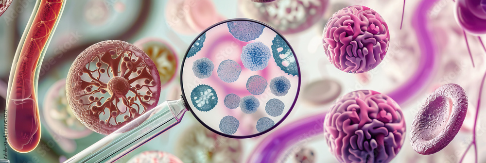 Aufkleber magnified view of a laboratory cells and germs medical colorful microscopic view.
