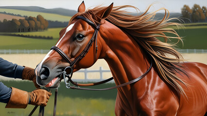 Obraz premium Title: A Majestic Horse Its Coat a Rich Chestnut Brown with a