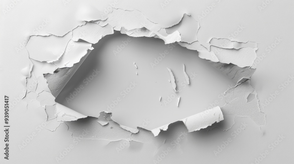 Wall mural hole breaking through white wall, ai generative