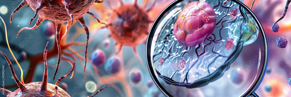 Aufkleber magnified view of a laboratory cells and germs medical colorful microscopic view.