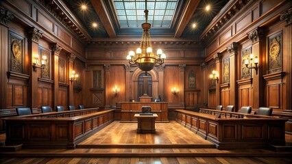 Fototapeta premium justice hall architecture grandeur moodiness atmospheric illumination dramatic shadows ornate wood paneling solemn judges' bench witnessing intense emotional courtroom drama