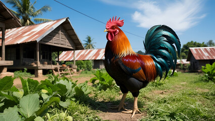 Title: A Majestic Rooster with Vibrant Plumage, Proud and Alert

