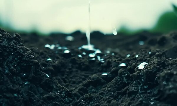 Droplets accumulate on dark soil as rain nourishes the garden, illustrating the vital relationship between water and plant growth in a tranquil outdoor setting.