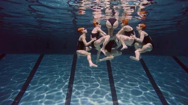 Six Women practicing synchronized swimming in the pool coming from the bottom of the pool