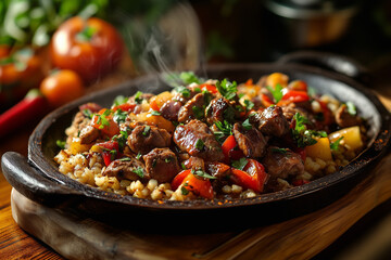 Fototapeta premium delicious meat and grilled vegetable dinner meal, well spiced close focus