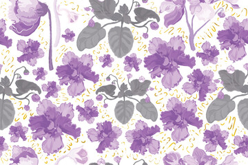 A Seamless pattern with colorful African violet flowers isolated on the white background. Golden textured shapes with an aged effect are placed around the flowers.