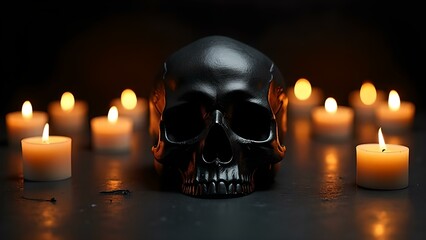 Black skull on the floor surrounded by candles, witch enchantment ritual, dark magic, halloween wallpaper