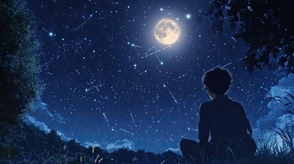 An anime scene of a character gazing up at a starry night sky, with a full moon shining brightly and constellations clearly visible.