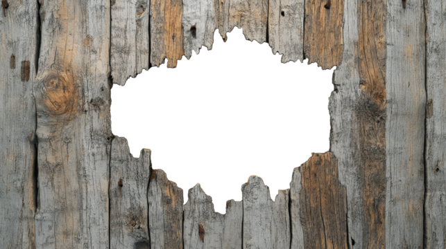 Abstract background with a hole in an old wooden wall, close-up view, with white space for text or a message in the center of the picture transparent background PNG clipart