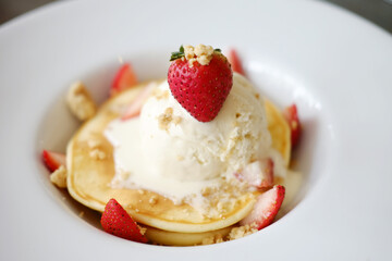 Homemade strawberry pancake at cafe and bakery shop
