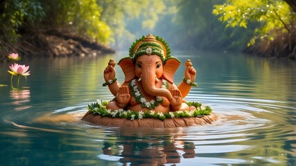 Eco-friendly Ganapati Statue Immersion: Soil Clay Idol in River