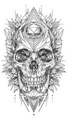 Obraz premium Tribal Geometric Skull Tattoo black and white illustration