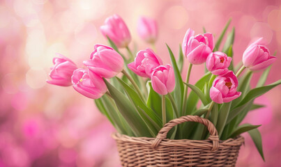 Basket of pink tulip flowers on a pink spring background copy scace