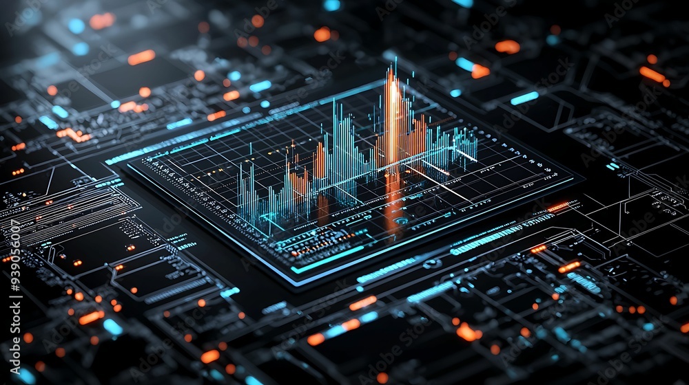 Poster illuminated neon financial chart on intricate circuitry background - 3d render with copy space