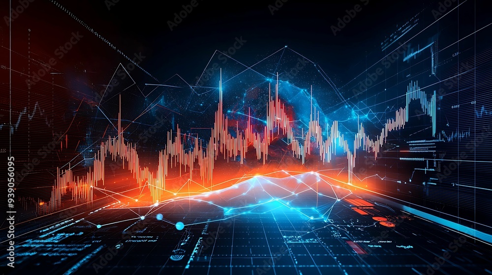 Poster dynamic 3d neon stock market chart on futuristic interface with copy space for text - vibrant financ