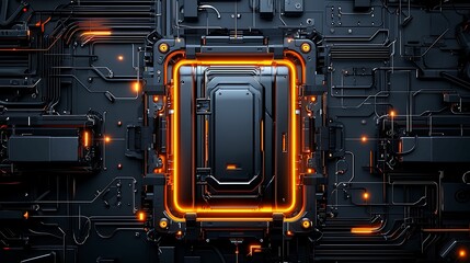 Fototapeta premium Futuristic Black and Orange High-Tech Vault Door with Glowing Lights on Dark Background