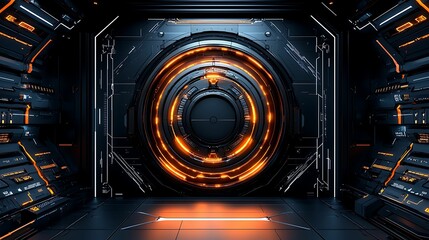 Futuristic Black and Orange High-Tech Vault Door with Glowing Lights on Dark Background