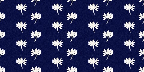 Indigo denim blue leaf motif seamless border. Japanese dye batik fabric style effect print edging swatch. 