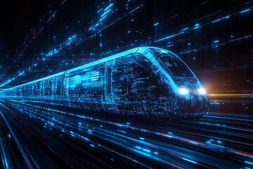 Abstract digital background banner featuring a train with data connection elements in blue and black colors