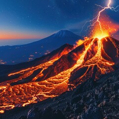 Majestic volcano eruption at night with lava flows and lightning illuminating the sky