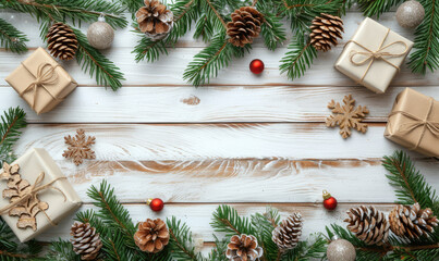 Christmas composition. Christmas fir tree branches, gifts, pine cones on wooden white rustic background. Flat lay, top view. Copy space. Banner backdrop