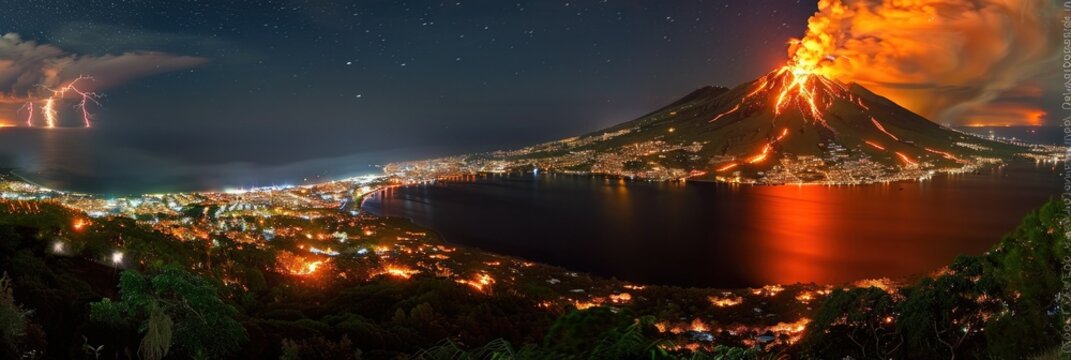 Volcanic eruption at night with lightning over the coast and city skyline in distance