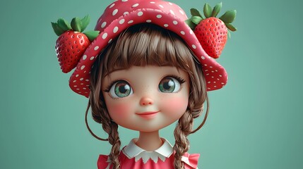 Fototapeta premium Cute Cartoon Girl with Strawberry Hat.