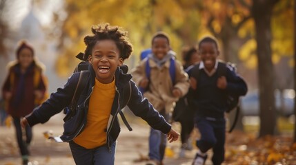A group of black african american school children are laughing and smiling as they run along with their schoolbags on their backs. outdoor park in autumn in the background