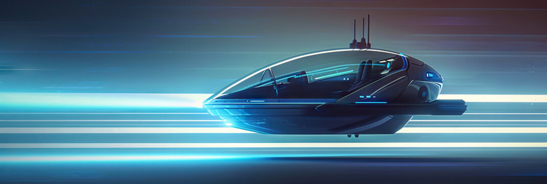 A futuristic transportation pod levitates using a powerful blue laser beam.