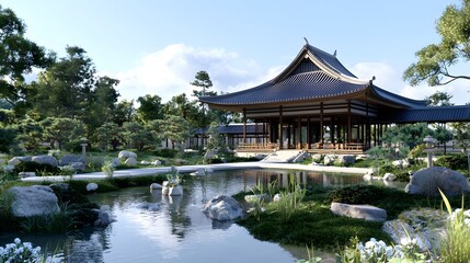 Naklejka premium Traditional Japanese Garden with a Pond and Pavilion.