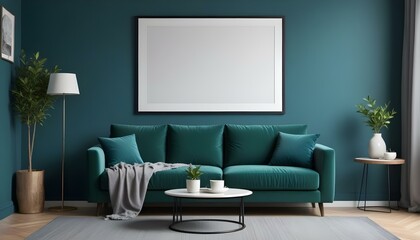 Interior mockup In a white room a blue sofa is placed next to a photo frame on the wall