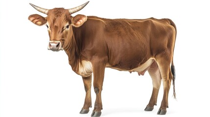 Cow standing on a white background, isolated to focus on its natural appearance, perfect for agricultural themes.
