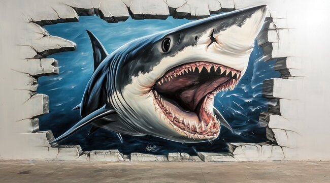 Mur avec graffiti repr&eacute;sentant un grand requin blanc color&eacute;, illusion d'optique, street art.
