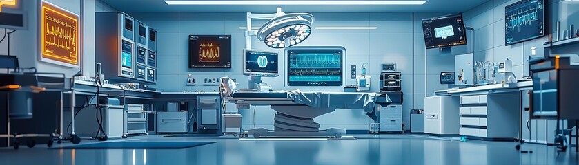 Fototapeta premium A futuristic operating room where a plastic surgeon performs a high-definition endoscopic procedure, using cutting-edge imaging technology for enhanced precision