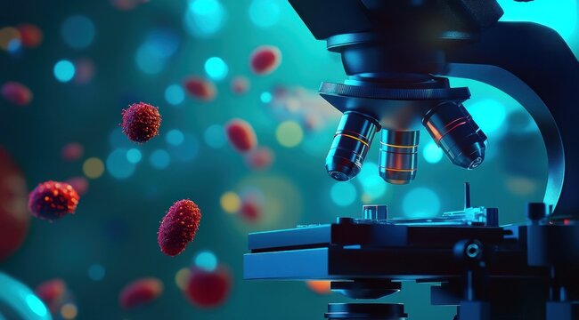 Un microscope &eacute;tudiant des cellules canc&eacute;reuses sous grossissement, particules lumineuses en arri&egrave;re-plan. Concept de recherche en m&eacute;decine.