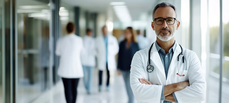 Un médecin portant une blouse blanche et un stéthoscope se tenant dans le couloir de l'hôpital, les bras croisés, regardant la caméra, avec un arrière-plan flou de personnel médical. 